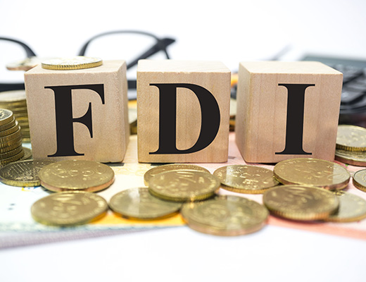 Visual representation of Foreign Direct Investment with coins spelling FDI